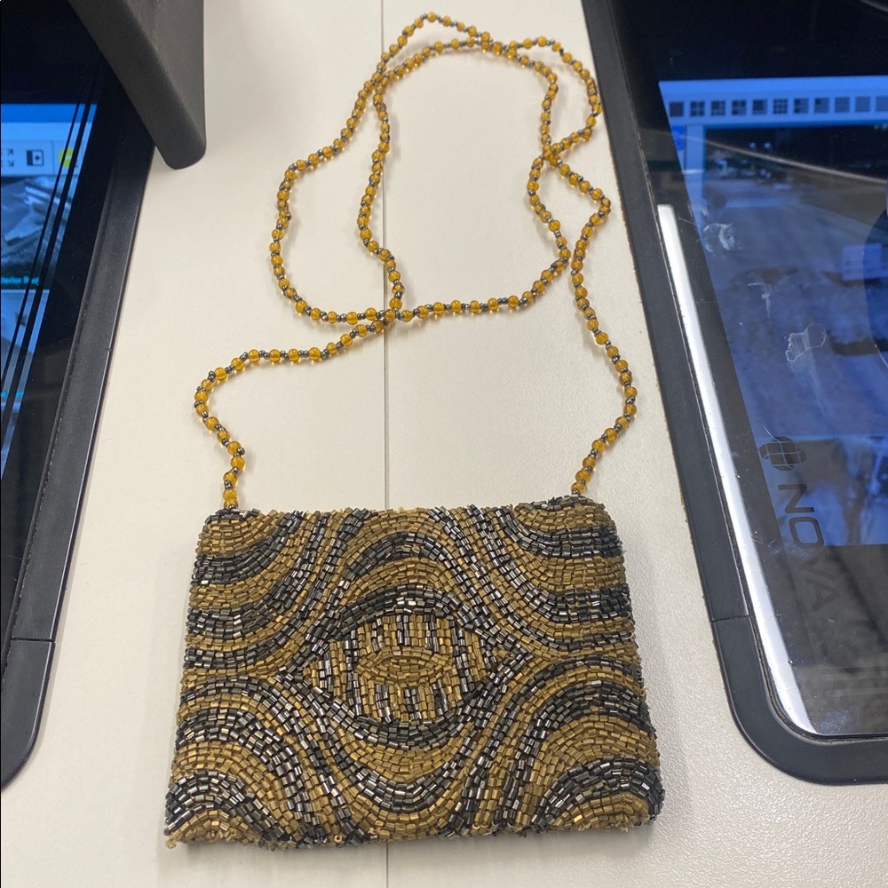 Cross body evening bag MOYNA designer Artisan Beaded Gold and Black like new
